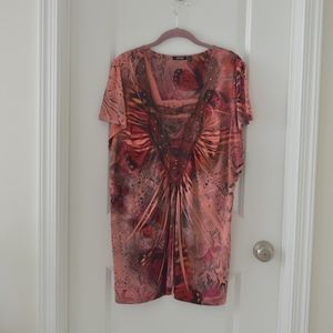 Pink and Brown Embellished Neck Short Sleeve Shirt